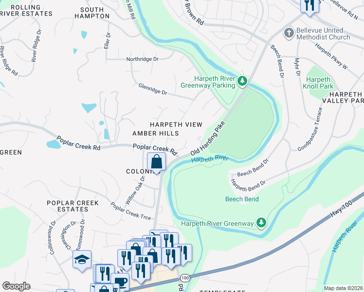 map of restaurants, bars, coffee shops, grocery stores, and more near 7713 Brook Glen Way in Nashville