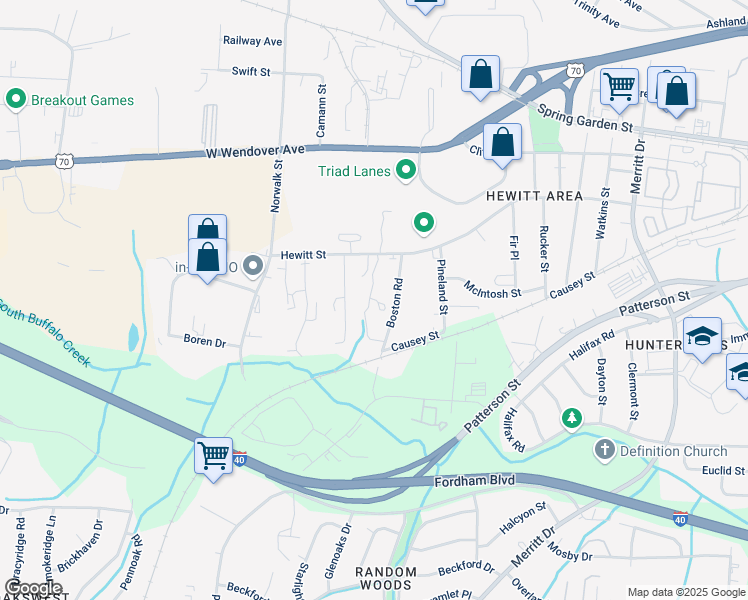 map of restaurants, bars, coffee shops, grocery stores, and more near 1012 Boston Road in Greensboro