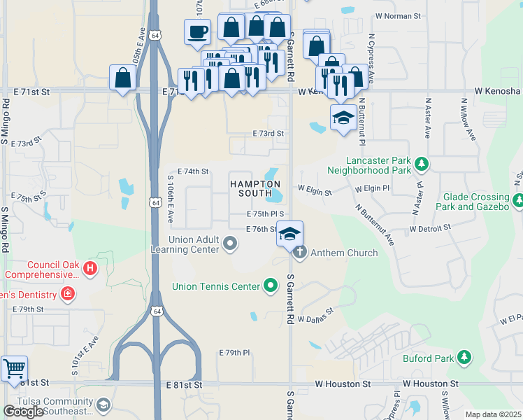 map of restaurants, bars, coffee shops, grocery stores, and more near 7435 South 111th East Avenue in Tulsa
