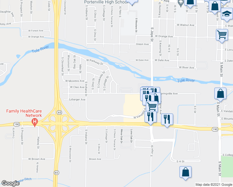 map of restaurants, bars, coffee shops, grocery stores, and more near W Springville Ave & S Oak View St in Porterville