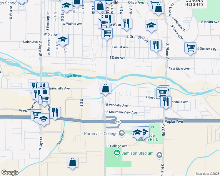 map of restaurants, bars, coffee shops, grocery stores, and more near 598 South Main Street in Porterville