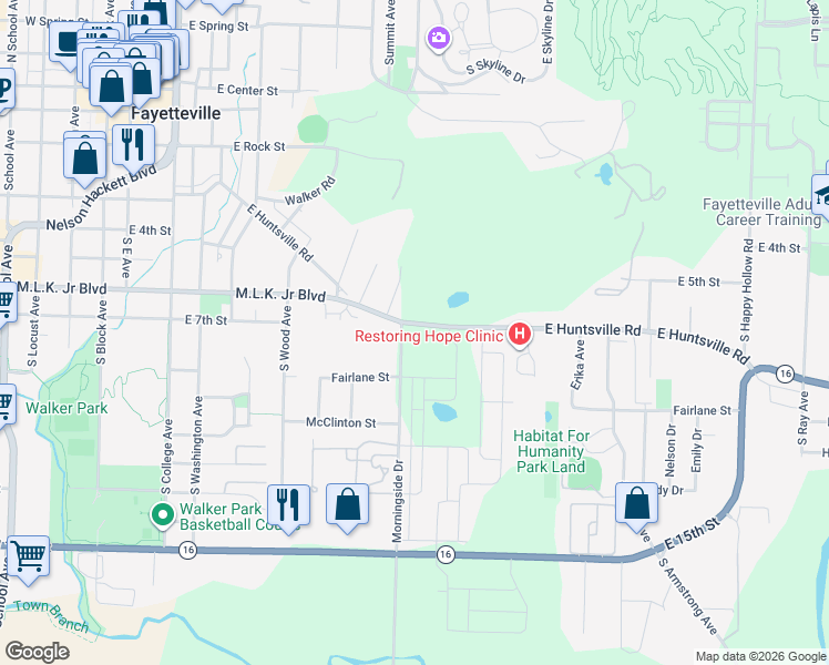 map of restaurants, bars, coffee shops, grocery stores, and more near 660 East Huntsville Road in Fayetteville