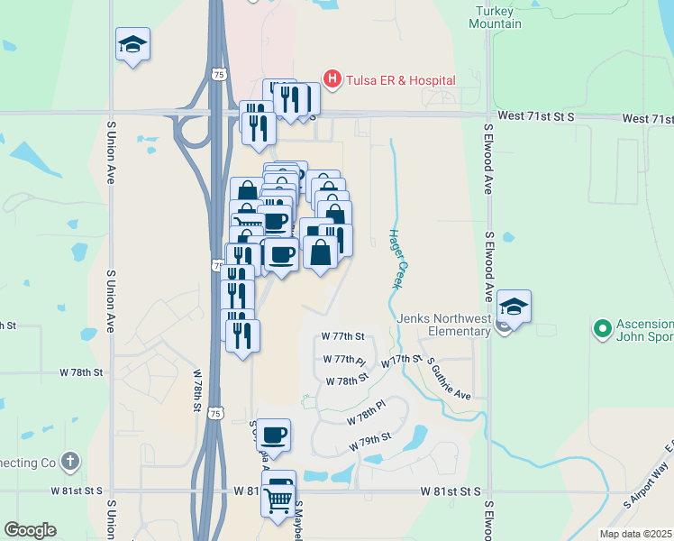map of restaurants, bars, coffee shops, grocery stores, and more near 7437 South Olympia Avenue in Tulsa