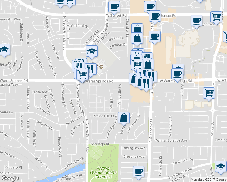map of restaurants, bars, coffee shops, grocery stores, and more near 1525 West Warm Springs Road in Henderson