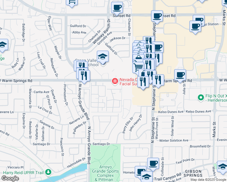 map of restaurants, bars, coffee shops, grocery stores, and more near 1525 West Warm Springs Road in Henderson