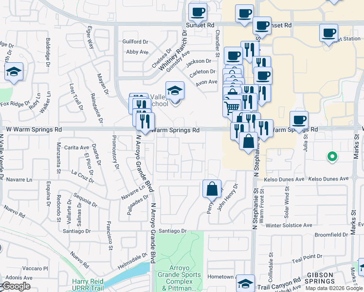 map of restaurants, bars, coffee shops, grocery stores, and more near 1551 West Warm Springs Road in Henderson