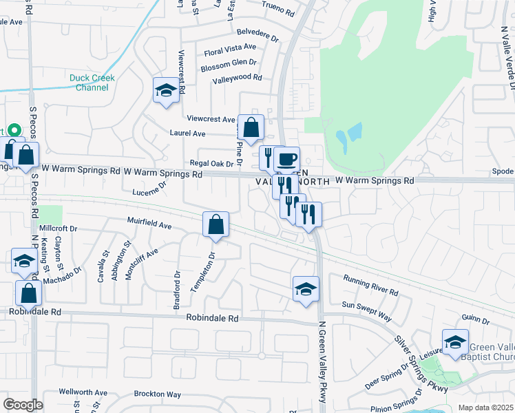 map of restaurants, bars, coffee shops, grocery stores, and more near 3125 West Warm Springs Road in Henderson