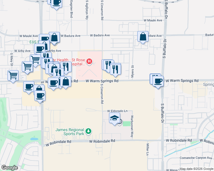 map of restaurants, bars, coffee shops, grocery stores, and more near 8125-8185 West Warm Springs Road in Las Vegas