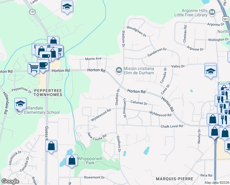 map of restaurants, bars, coffee shops, grocery stores, and more near in Durham