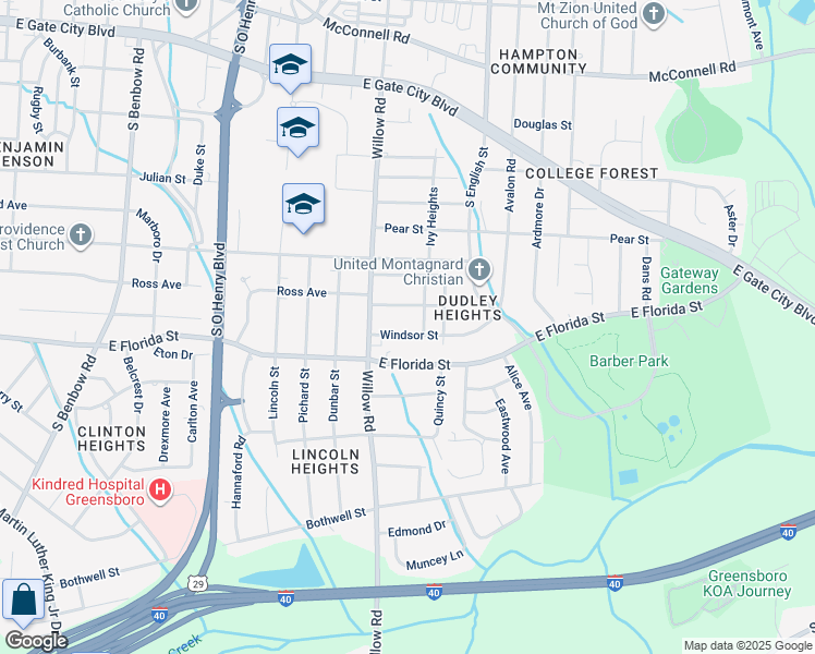map of restaurants, bars, coffee shops, grocery stores, and more near 2112 Joe Louis Avenue in Greensboro