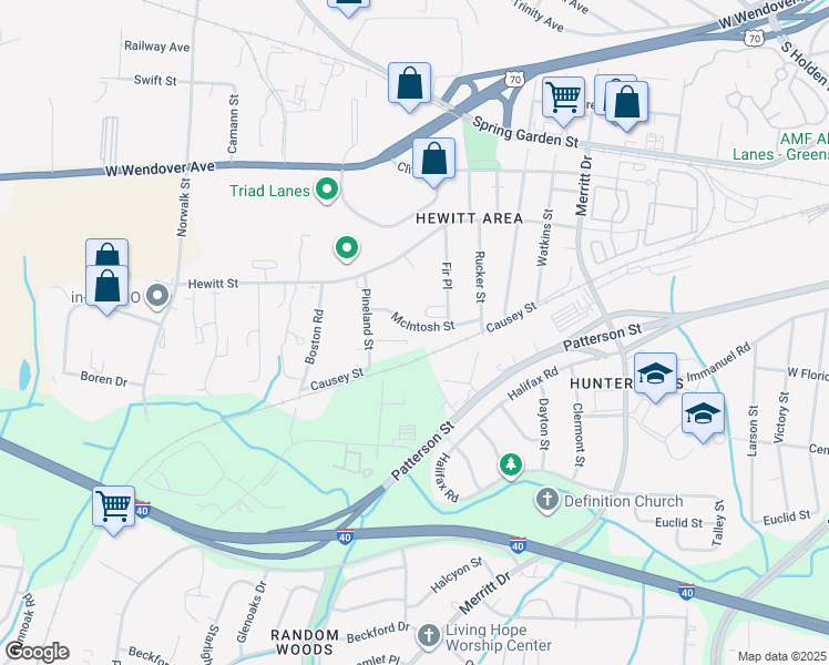 map of restaurants, bars, coffee shops, grocery stores, and more near 1026 Fir Place in Greensboro