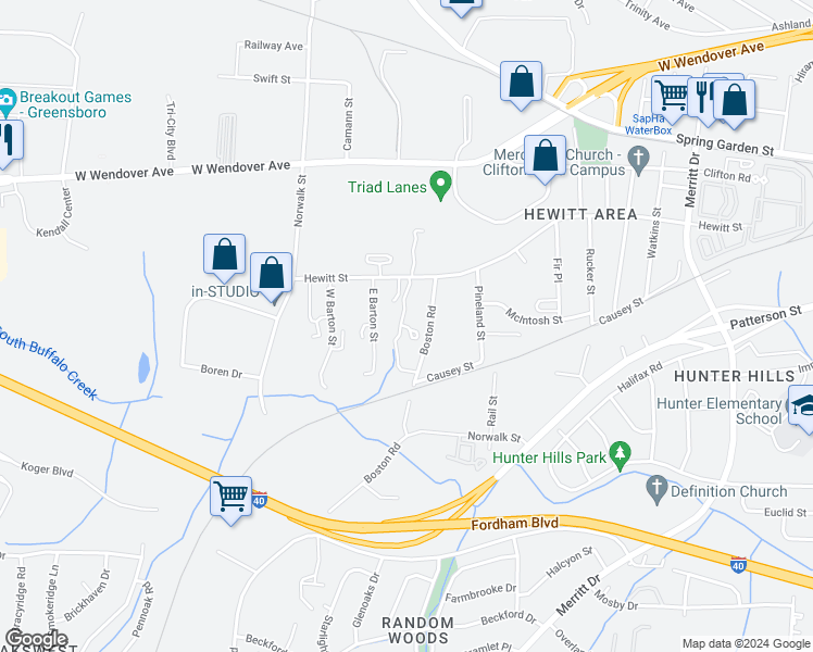 map of restaurants, bars, coffee shops, grocery stores, and more near 1012 Boston Road in Greensboro