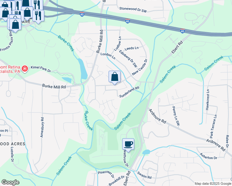 map of restaurants, bars, coffee shops, grocery stores, and more near 2243 New Castle Drive in Winston-Salem