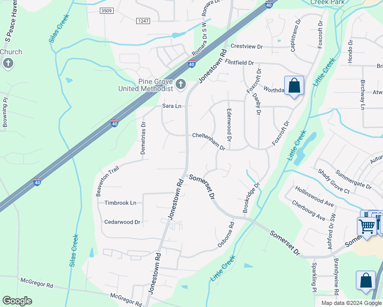map of restaurants, bars, coffee shops, grocery stores, and more near 1255 Jonestown Road in Winston-Salem