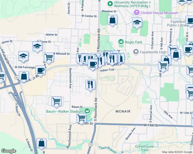map of restaurants, bars, coffee shops, grocery stores, and more near 777 South Razorback Road in Fayetteville
