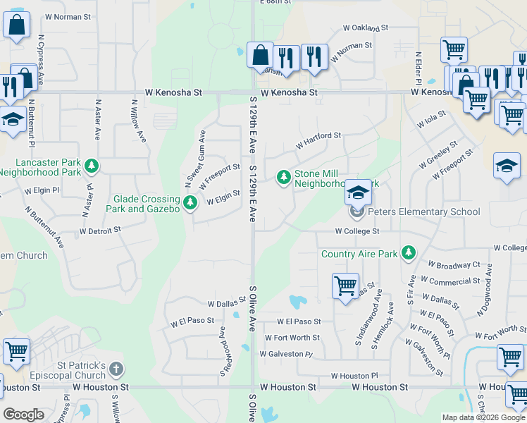 map of restaurants, bars, coffee shops, grocery stores, and more near 304 North Magnolia Court in Broken Arrow