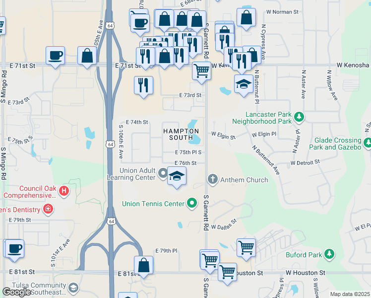 map of restaurants, bars, coffee shops, grocery stores, and more near 7435 South 111th East Avenue in Tulsa