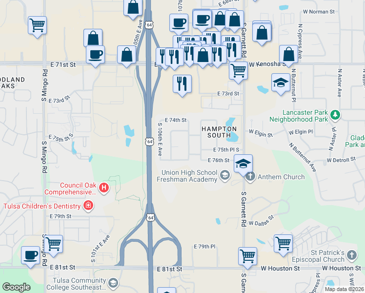map of restaurants, bars, coffee shops, grocery stores, and more near 7506 South 108th East Avenue in Tulsa