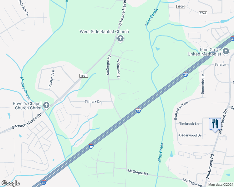 map of restaurants, bars, coffee shops, grocery stores, and more near 100 McGregor Park Drive in Winston-Salem