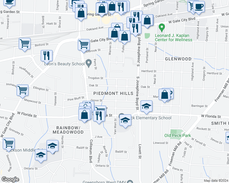 map of restaurants, bars, coffee shops, grocery stores, and more near 1702 Marion Street in Greensboro