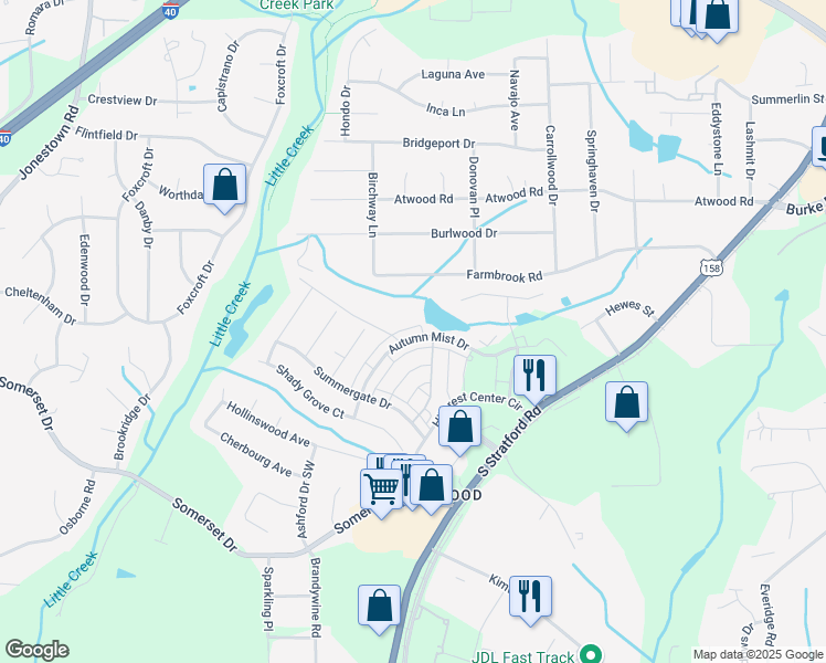 map of restaurants, bars, coffee shops, grocery stores, and more near 2370 Autumn Mist Drive in Winston-Salem