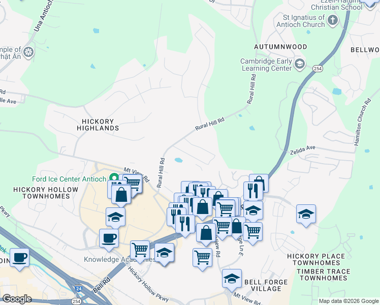 map of restaurants, bars, coffee shops, grocery stores, and more near 1382 Rural Hill Road in Nashville