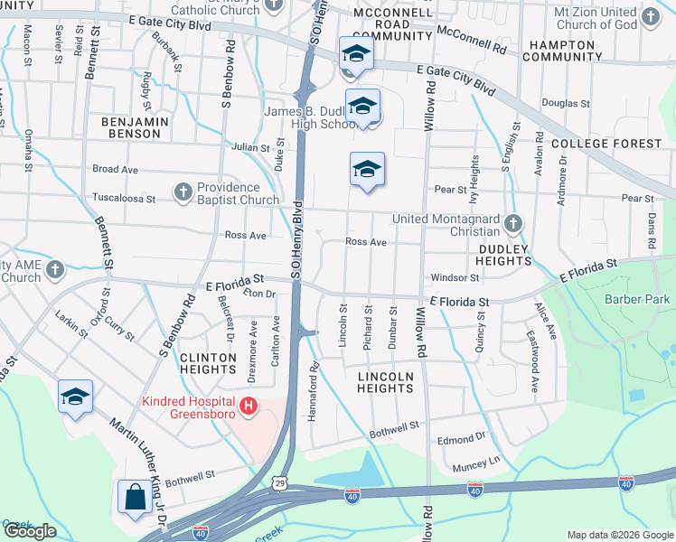 map of restaurants, bars, coffee shops, grocery stores, and more near 1507 Lincoln Street in Greensboro