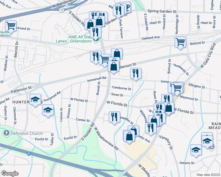 map of restaurants, bars, coffee shops, grocery stores, and more near 2841 Camborne Street in Greensboro