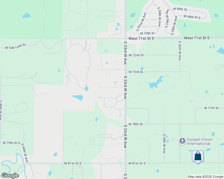 map of restaurants, bars, coffee shops, grocery stores, and more near 3342 West 74th Street South in Tulsa