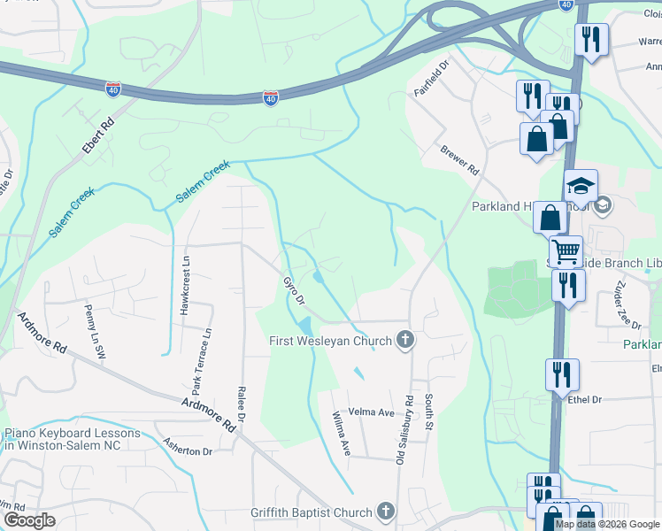 map of restaurants, bars, coffee shops, grocery stores, and more near 1586 Yelton Lane in Winston-Salem