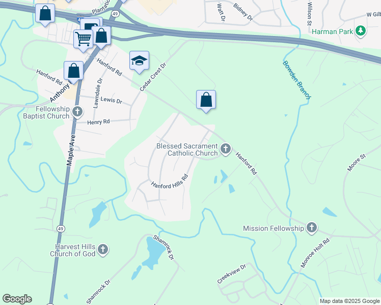 map of restaurants, bars, coffee shops, grocery stores, and more near 1441 Brickyard Way in Graham