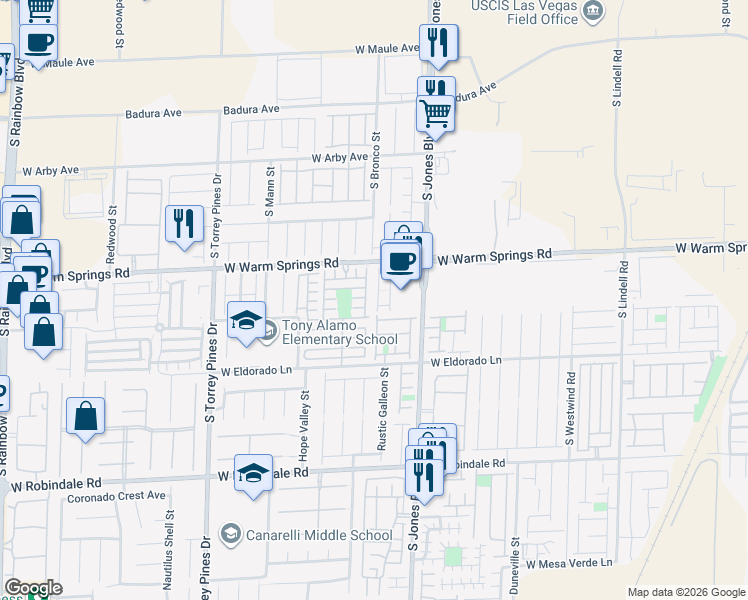 map of restaurants, bars, coffee shops, grocery stores, and more near 7341 San Pablin Street in Las Vegas