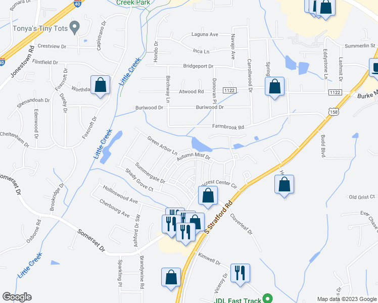 map of restaurants, bars, coffee shops, grocery stores, and more near 2360 Autumn Mist Drive in Winston-Salem