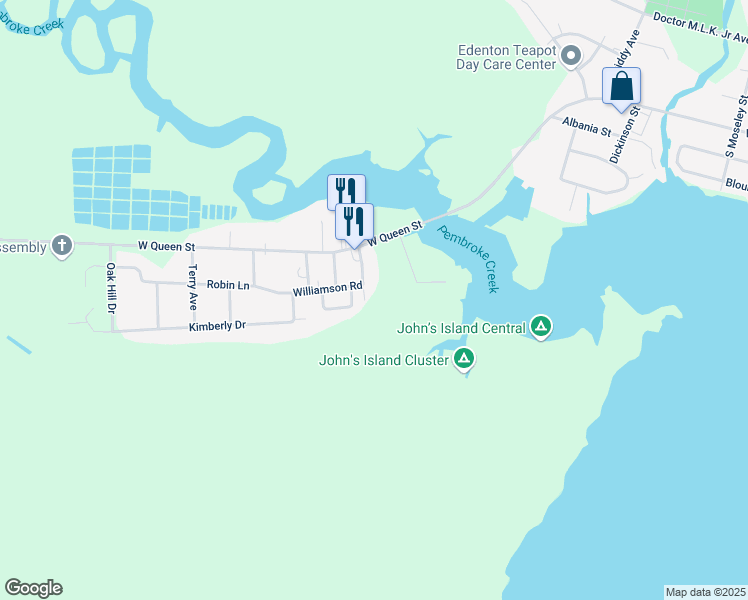 map of restaurants, bars, coffee shops, grocery stores, and more near 203 Leigh Street in Edenton