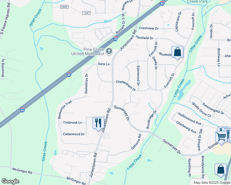map of restaurants, bars, coffee shops, grocery stores, and more near 1255 Jonestown Road in Winston-Salem