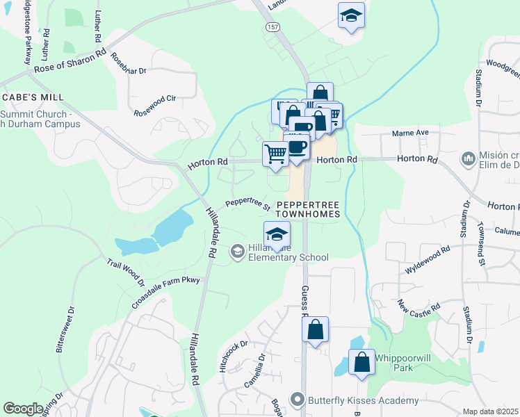 map of restaurants, bars, coffee shops, grocery stores, and more near 49 Peppertree Street in Durham