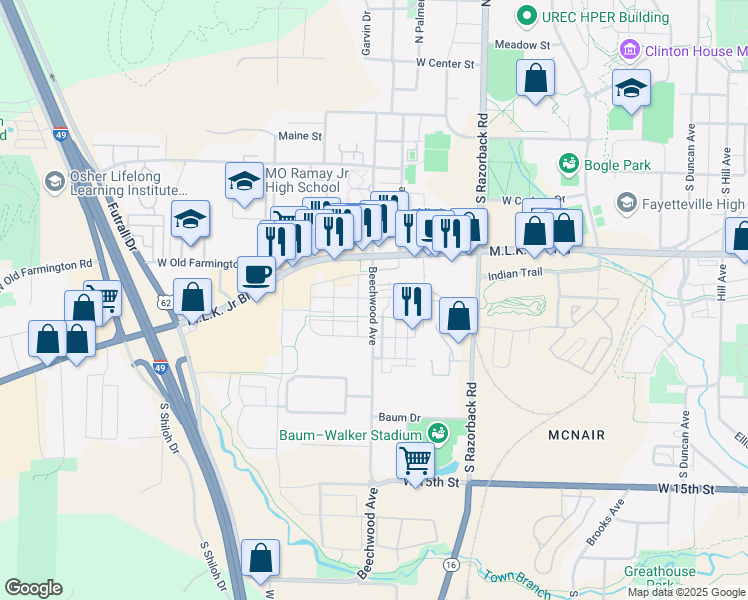 map of restaurants, bars, coffee shops, grocery stores, and more near 860 Beechwood Avenue in Fayetteville