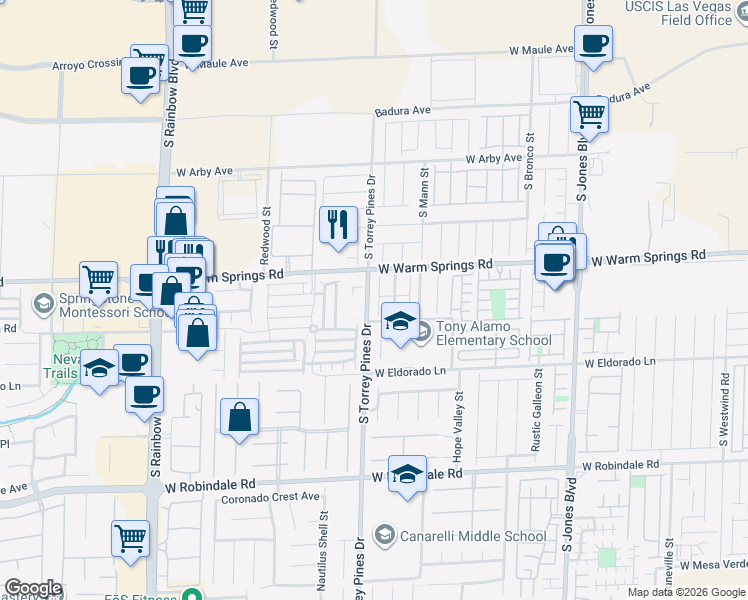 map of restaurants, bars, coffee shops, grocery stores, and more near 7333 Lagoon Blue Street in Las Vegas