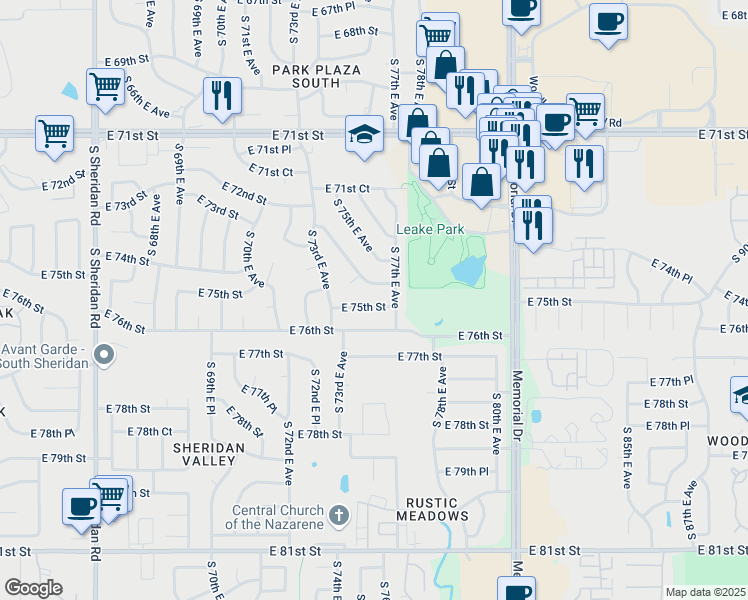 map of restaurants, bars, coffee shops, grocery stores, and more near 7416 East 74th Street in Tulsa