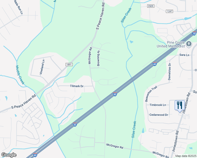 map of restaurants, bars, coffee shops, grocery stores, and more near 104 McGregor Park Drive in Winston-Salem