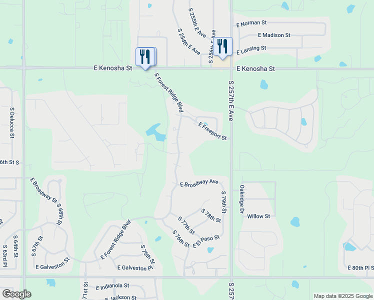 map of restaurants, bars, coffee shops, grocery stores, and more near 401 South Forest Ridge Boulevard in Broken Arrow