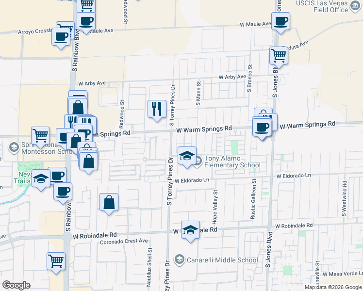 map of restaurants, bars, coffee shops, grocery stores, and more near 7355 Lagoon Blue Street in Las Vegas