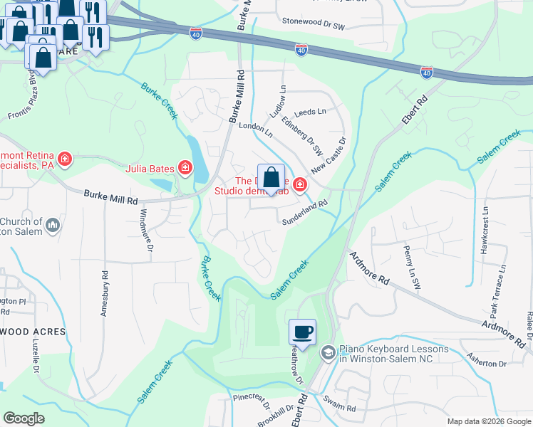 map of restaurants, bars, coffee shops, grocery stores, and more near 2243 New Castle Drive in Winston-Salem