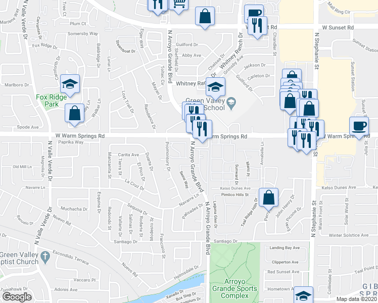 map of restaurants, bars, coffee shops, grocery stores, and more near 386 Rosado Springs Street in Henderson