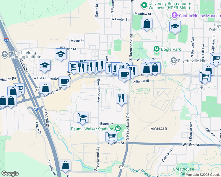 map of restaurants, bars, coffee shops, grocery stores, and more near 1575 West Towne Village Drive in Fayetteville