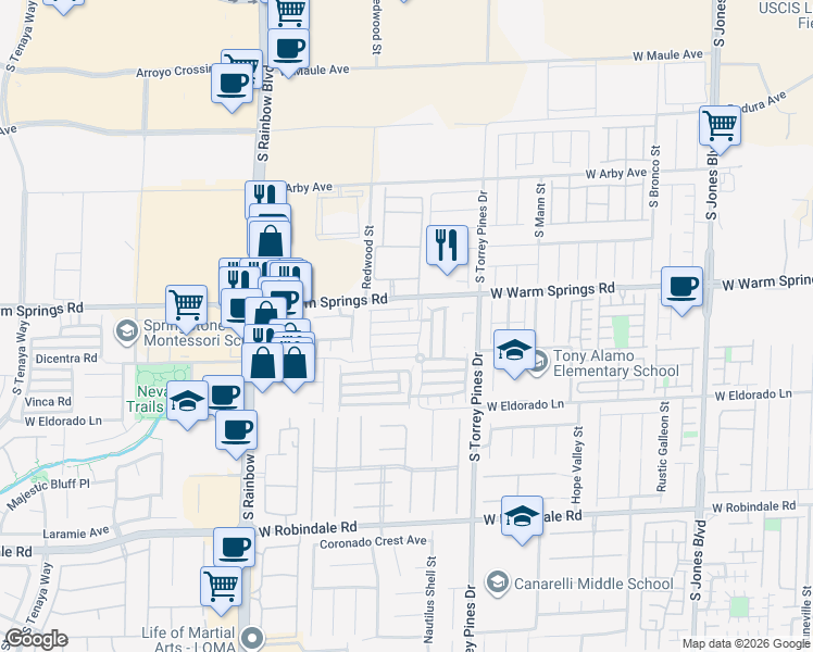 map of restaurants, bars, coffee shops, grocery stores, and more near 6657 Higger Tor Avenue in Las Vegas