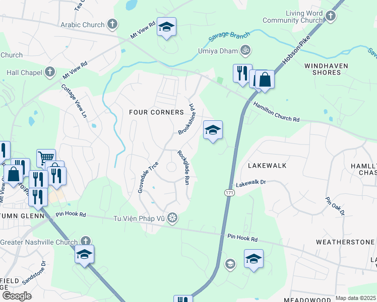 map of restaurants, bars, coffee shops, grocery stores, and more near 1709 Porchrest Way in Nashville
