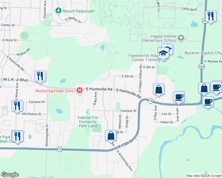 map of restaurants, bars, coffee shops, grocery stores, and more near 1520 Martin Luther King Junior Boulevard in Fayetteville