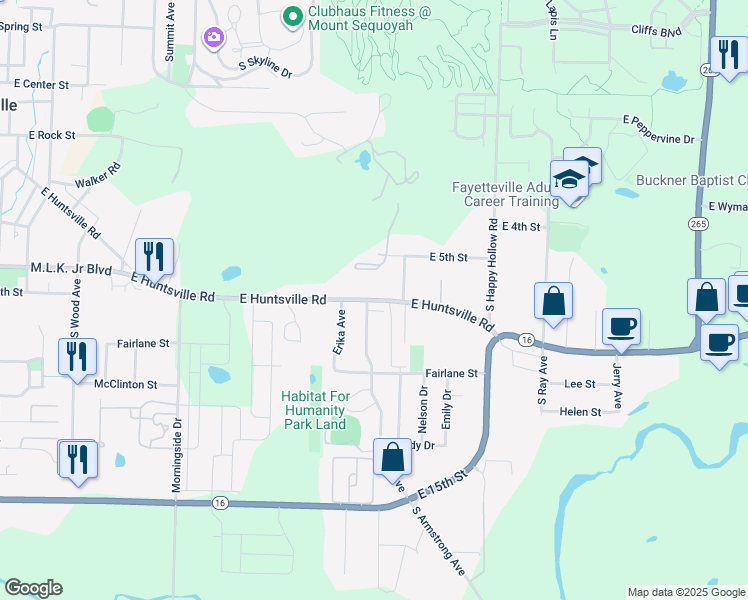 map of restaurants, bars, coffee shops, grocery stores, and more near 1428 East Huntsville Road in Fayetteville