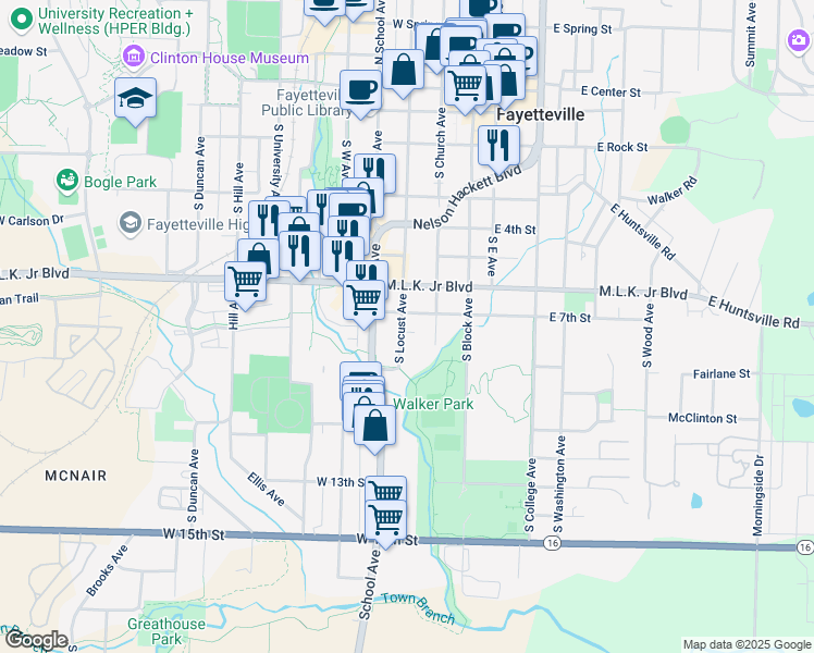 map of restaurants, bars, coffee shops, grocery stores, and more near 217 West 7th Street in Fayetteville